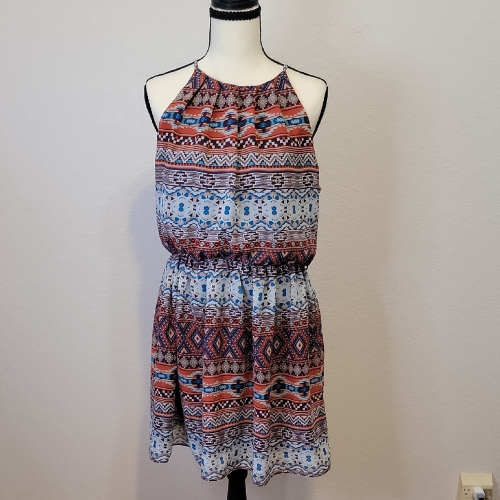 by & by Tribal Mini Halter Dress With Elastic Waist - Sz Large
